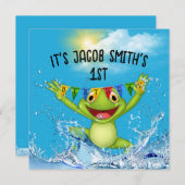 1歳の誕生日カエルが水に飛び込む 招待状 (正面/裏面)