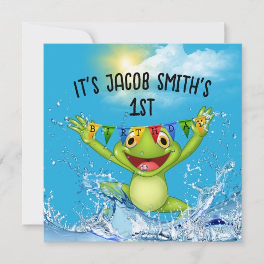 1歳の誕生日カエルが水に飛び込む 招待状 (正面)