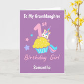 1歳の誕生日カップケーキユニコーン孫娘 カード (黄色い花)