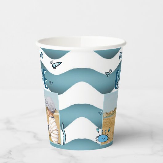 1歳の誕生日カニ海の動物の男の子の写真 紙コップ (左)