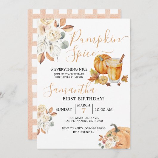 1歳の誕生日カボチャのスパイスと全ていい 招待状 (正面/裏面)