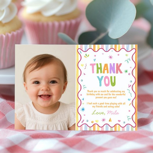 1歳の誕生日カラフルパーティー写真 サンキューカード