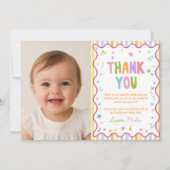 1歳の誕生日カラフルパーティー写真 サンキューカード (正面)