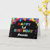 1歳の誕生日カラフル気球(黒) カード (黄色い花)