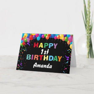 1歳の誕生日カラフル気球(黒) カード