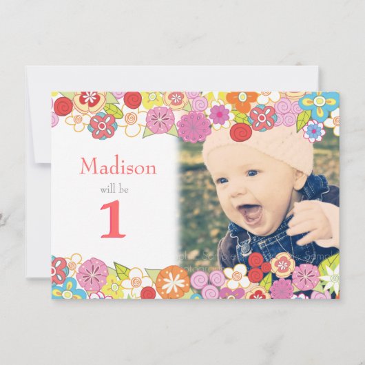 1歳の誕生日ガーデンパーティーの花の写真招待状 招待状 (正面)
