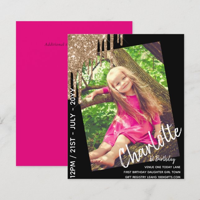 1歳の誕生日ガールおめでとう フォト招待状 (正面/裏面)