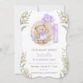 1歳の誕生日ガールかわいいテディベアパープルバルーン 招待状 (正面)