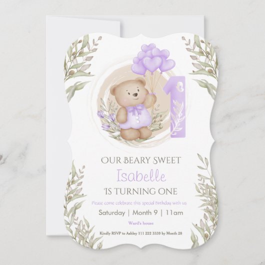 1歳の誕生日ガールかわいいテディベアパープルバルーン 招待状 (正面)