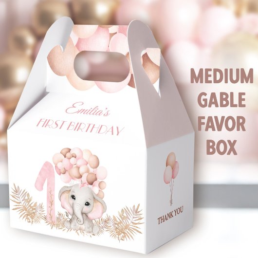 1歳の誕生日ガールエレファントピンクバルーン中 フェイバーボックス
