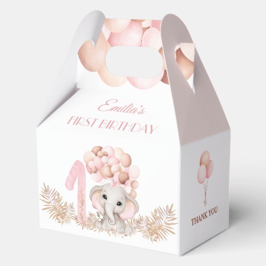 1歳の誕生日ガールエレファントピンクバルーン中 フェイバーボックス (裏面)