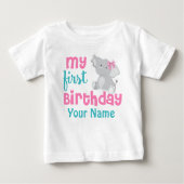 1歳の誕生日ガールエレファントピンクパーソナライズされた ベビーTシャツ (正面)