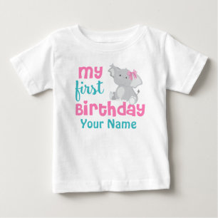 1歳の誕生日ガールエレファントピンクパーソナライズされた ベビーTシャツ