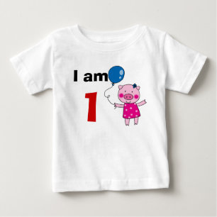 1歳の誕生日ガールギフト（かわいい豚） ベビーTシャツ