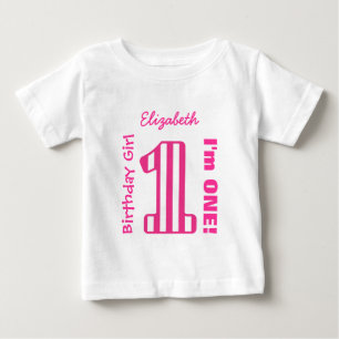 1歳の誕生日ガールストライプの1年カスタムV03F ベビーTシャツ