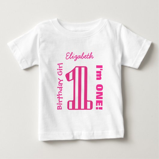 1歳の誕生日ガールストライプの1年カスタムV03F ベビーTシャツ (正面)
