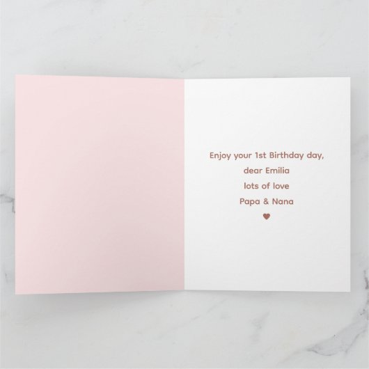 1歳の誕生日ガールピンクかわいいゾウの風船 カード (内部)