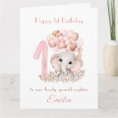 1歳の誕生日ガールピンクかわいいゾウの風船 カード (正面)