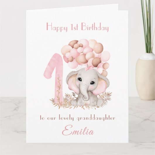 1歳の誕生日ガールピンクかわいいゾウの風船 カード (正面)