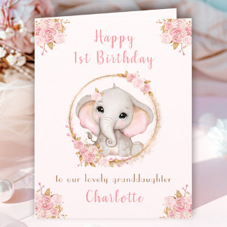 1歳の誕生日ガールピンクかわいいゾウフローラ カード