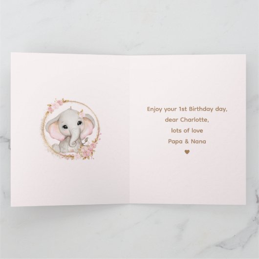 1歳の誕生日ガールピンクかわいいゾウフローラ カード (内部)