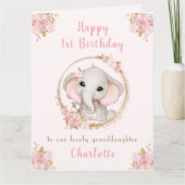 1歳の誕生日ガールピンクかわいいゾウフローラ カード (正面)
