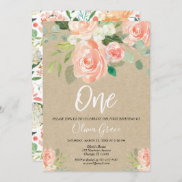 1歳の誕生日ガールピーチ素朴クラフトフローラ 招待状
