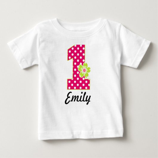 1歳の誕生日ガールホットピンク&グリーンドット ベビーTシャツ (正面)