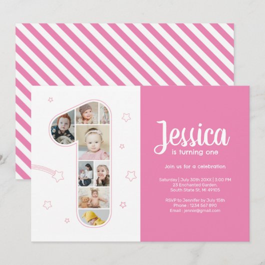1歳の誕生日ガール ナンバーワン オーダーメイド フォト コラージュ 招待状 (正面/裏面)