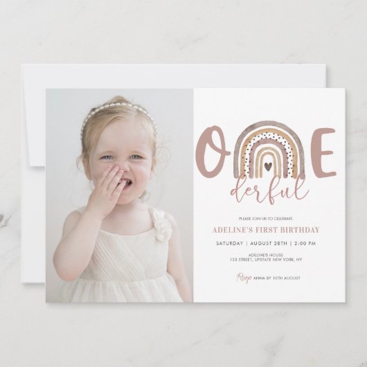 1歳の誕生日ガールOnederfulかわいい写真パーティー 招待状 (正面)