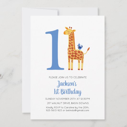 1歳の誕生日キリンと鳥のストライプのパーティー 招待状 (正面)