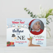 1歳の誕生日クリスマスパーティーの写真　雪だるま　冬 招待状 (スタンド正面)