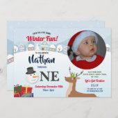 1歳の誕生日クリスマスパーティーの写真　雪だるま　冬 招待状 (正面/裏面)