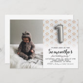 1歳の誕生日グリッター肖像 招待状 (正面/裏面)