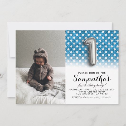 1歳の誕生日グリッター肖像 招待状 (正面)