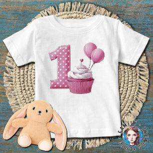 1歳の誕生日ケーキ ピンク ベビーTシャツ