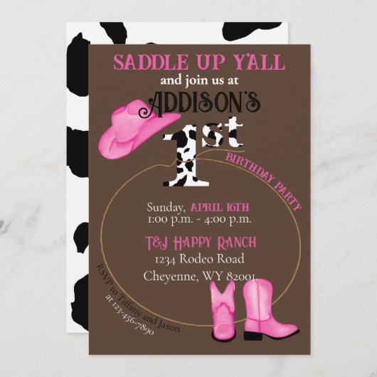 1歳の誕生日サドルアップ女性のカーボーイブーツ帽子となげなわ 招待状 (正面/裏面)