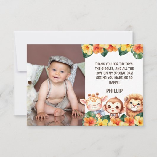 1歳の誕生日サファリライオンGiraffe Monkey写真 サンキューカード (正面)