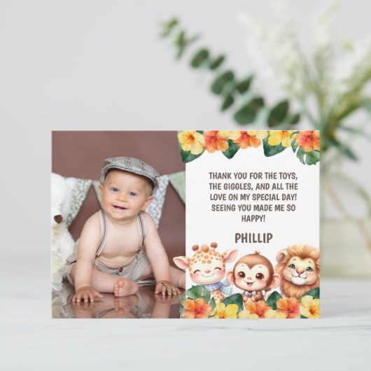 1歳の誕生日サファリライオンGiraffe Monkey写真 サンキューカード (スタンド正面)