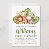 1歳の誕生日サファリ動物かわいいジャングルワイルドワン 招待状 (正面)