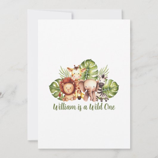 1歳の誕生日サファリ動物かわいいジャングルワイルドワン 招待状 (裏面)