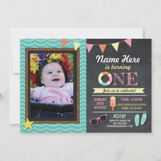1歳の誕生日サマーロイスムフォトパーティー招待状 招待状 (正面)