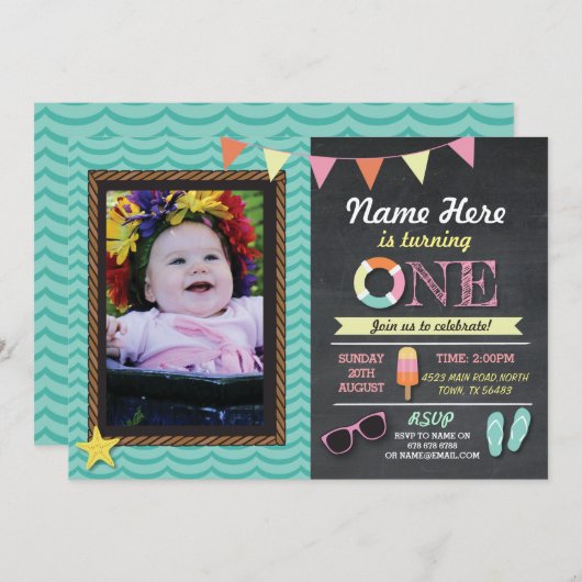 1歳の誕生日サマーロイスムフォトパーティー招待状 招待状 (正面/裏面)