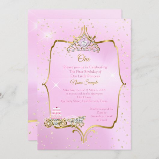 1歳の誕生日シンデレラピンクキャリッジケーキ 招待状 (正面/裏面)