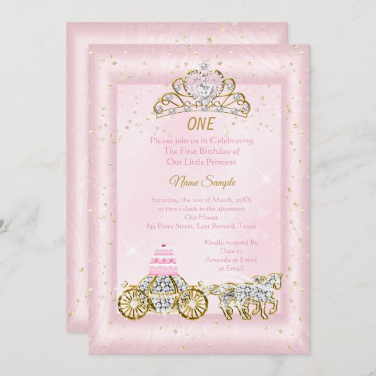 1歳の誕生日シンデレラ赤面ピンクキャリッジ 招待状 (正面/裏面)