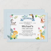 1歳の誕生日ジャングルサファリの野生動物 招待状 (正面/裏面)