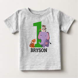 1歳の誕生日ジャングルサファリ動物 ベビーTシャツ