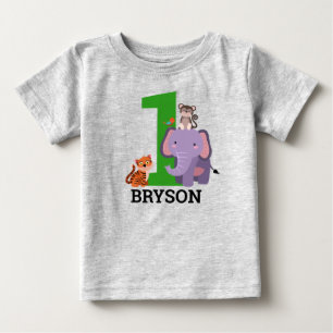 1歳の誕生日ジャングルサファリ動物 ベビーTシャツ