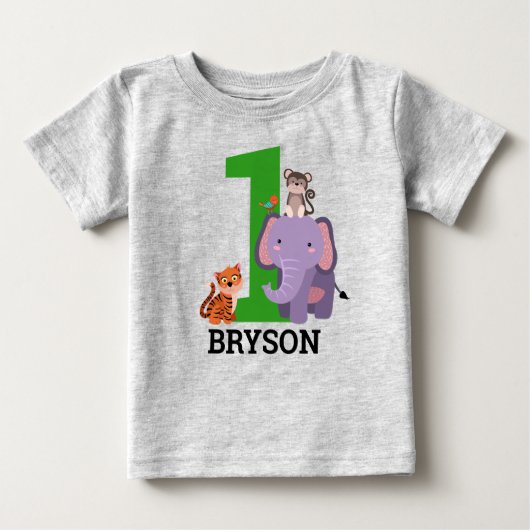 1歳の誕生日ジャングルサファリ動物 ベビーTシャツ (正面)
