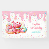 1歳の誕生日スウィートワンカワイトドナッツピンクの女の子パーティー 横断幕 (横)